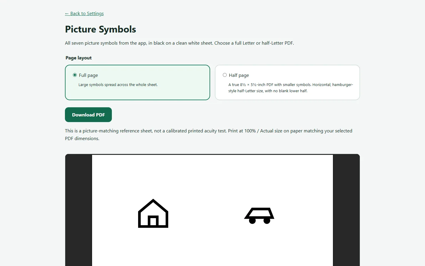 Picture Symbols printable sheet page with full and half-Letter options and a PDF preview